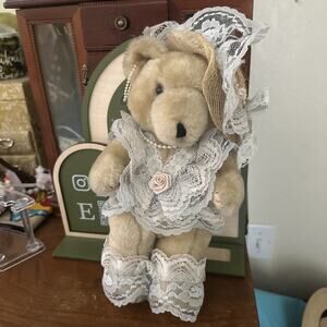 Vtg 1987 Bearly People Teddy Bear Jointed Doll Victorian Lace Dress & Bonnet
